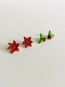 Stud Earrings - Poinsettia, Holly & Snowflake